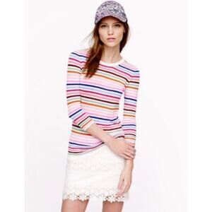 J. Crew Italian Cashmere Stripe Sweater Size Medium Pink Crewneck 3/4 Sleeve